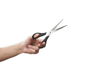 Scissors in hand. Isolated on grey background