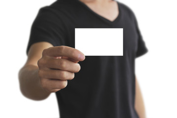 Man offering white card, isolated over grey background