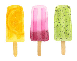 Three watercolor fruit popsicle
