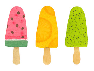 Three watercolor fruit popsicle