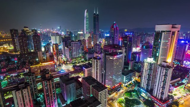 Shenzhen at night. Skyscrapes China. Timelapse