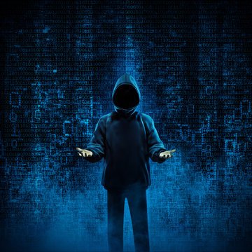 Hacker for hire / 3D illustration of shady hooded figure offering his services in binary data environment. Image including figure totally computer generated.