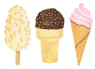 Set of three ice cream. Watercolor illustration.