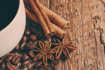 Coffee cup and saucer on a wooden table.