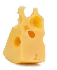 piece of cheese. a triangular slice of cheese with holes. Isolated over white background.