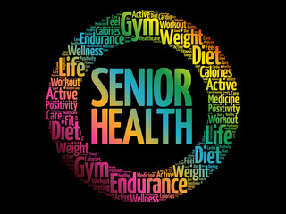 Senior health word cloud collage, health concept background