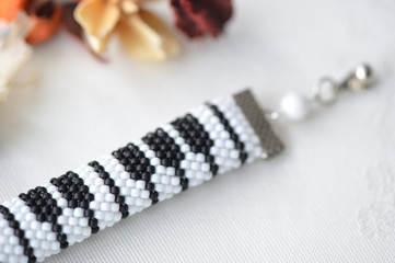Beaded crochet bracelet like piano keyboard close up