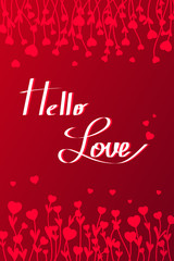 Red hearts on stems with leaves  on red background. Space for text. Hello love
