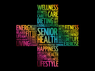 Senior health word cloud collage, health cross concept