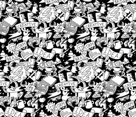 Creative doodles idea brainstorm black white seamless pattern.