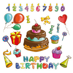 Happy birthday logo and party symbols