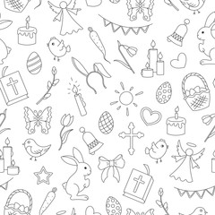 Seamless pattern with simple contour icons on a theme the holiday of Easter , dark contours on white background