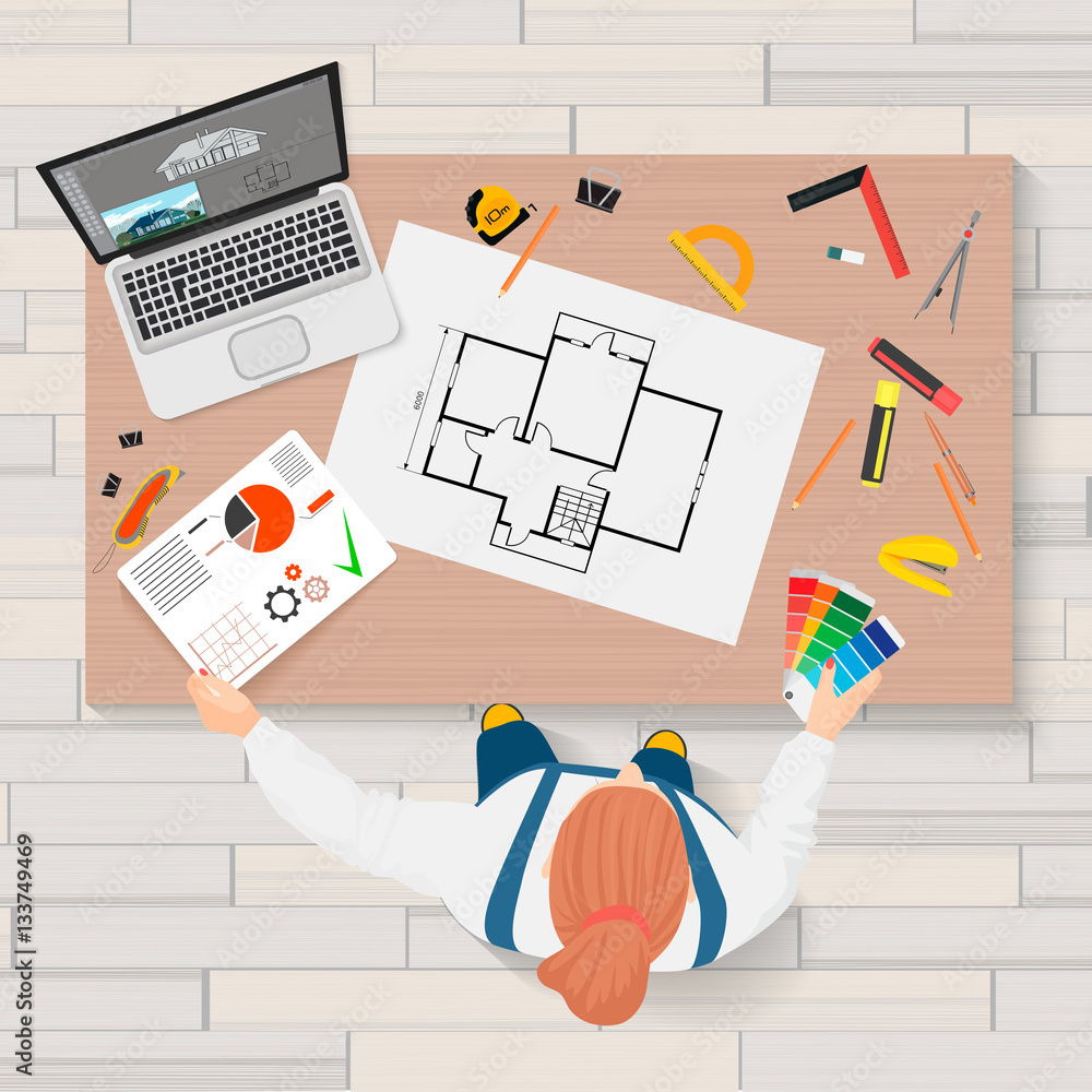 Poster Architect construction engineering planning and creating process with proffesional tools workplace. Projects technical concept. Builder Workplace top view.