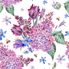 Vintage garden watercolor purple floral spring seamless backgrou