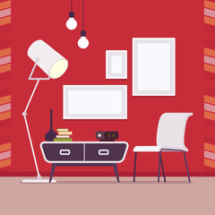Retro interior with wall frames for copy space on red