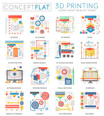 Infographics mini concept 3d printing technology icons for web. Premium quality color conceptual flat design web graphics icons elements. 3d printing concepts.