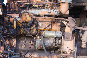 Vintage engine car system. Part of old diesel engine of heavy tr