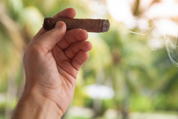 Handmade cigar in male hand, closeup