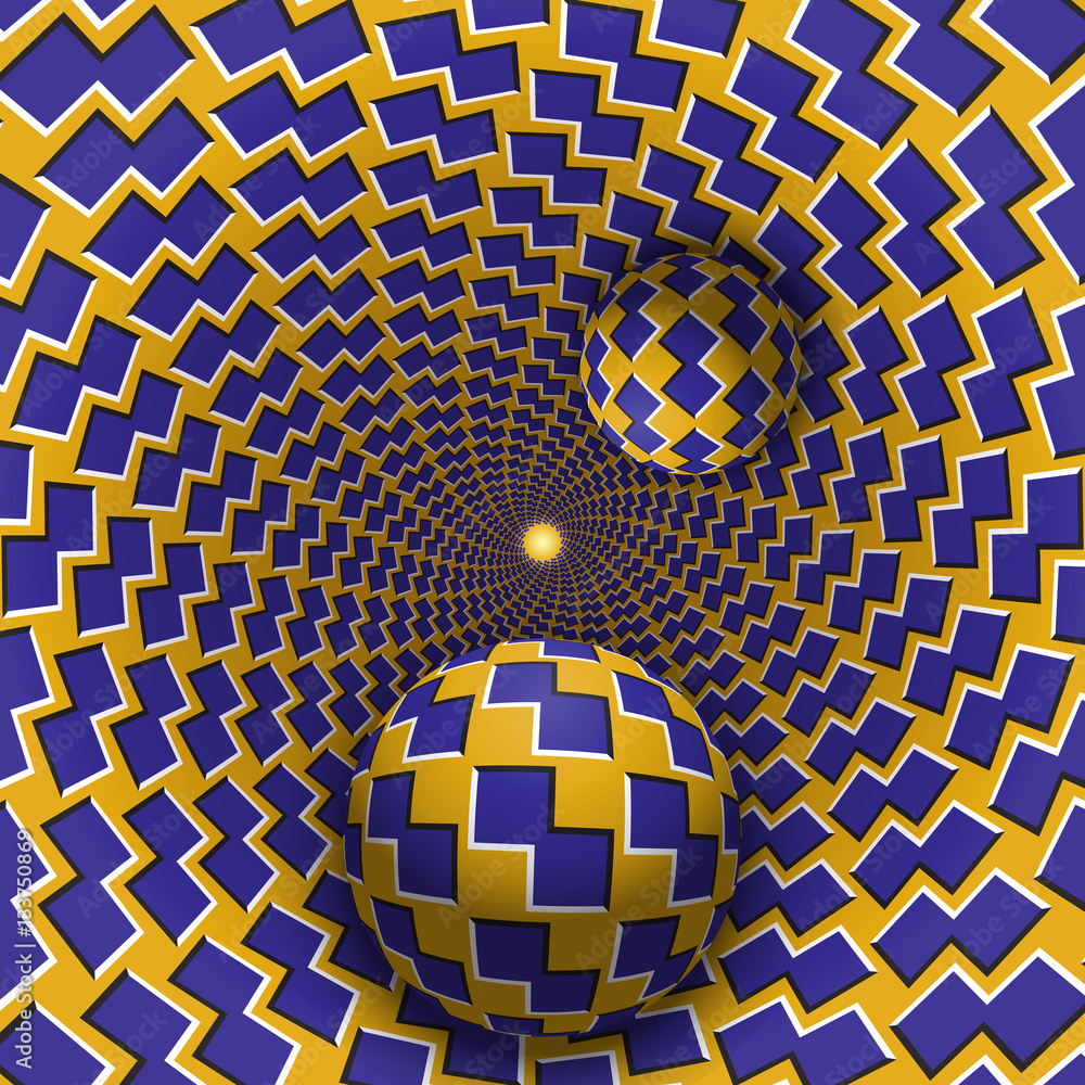 Aufkleber optical illusion illustration. two balls are moving in mottled hole. blue shapes on yellow pattern o