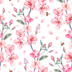 Watercolor spring seamless background with blooming branches