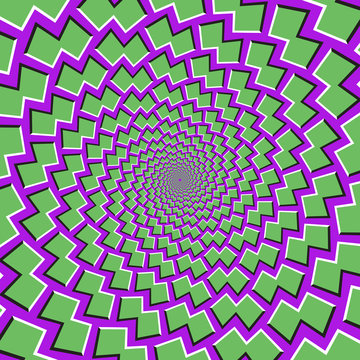 Optical motion illusion background. Green shapes fly apart circularly from the center on purple background.