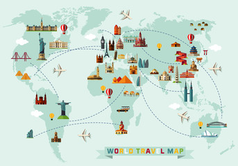 Carte du monde et icônes de voyage.