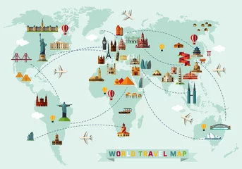 Poster Wereldkaart Kaart van de wereld en reizen pictogrammen.