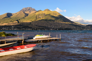 Naklejka premium Boats at San Pablo lake, Imbabura, Ecuador