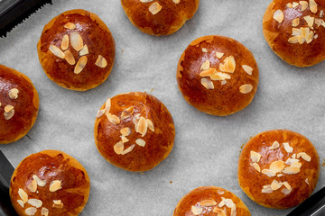 Fresh baked homemade buns on the table for breakfast Baking traditional Swedish semla bread