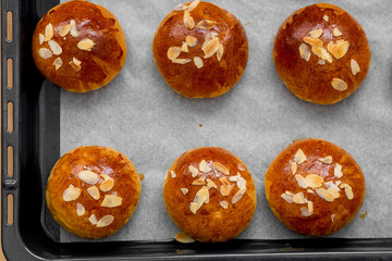 Fresh baked homemade buns on the table for breakfast Baking traditional Swedish semla bread