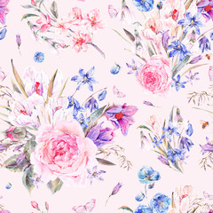 Watercolor spring seamless background with roses