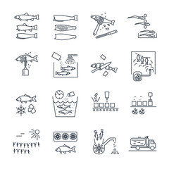 set of thin line icons processing and preserving of fish