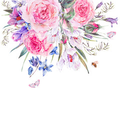 Fototapeta premium Watercolor spring bouquet with blue wildflowers and snowdrops