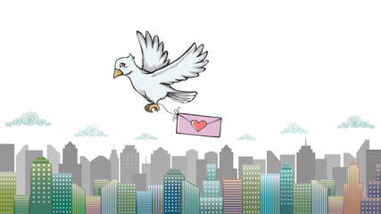 Obraz premium Love letter with pigeon post and city skylines. Love heart design on envelope for Valentines day. Dove drawing in doodle style. 