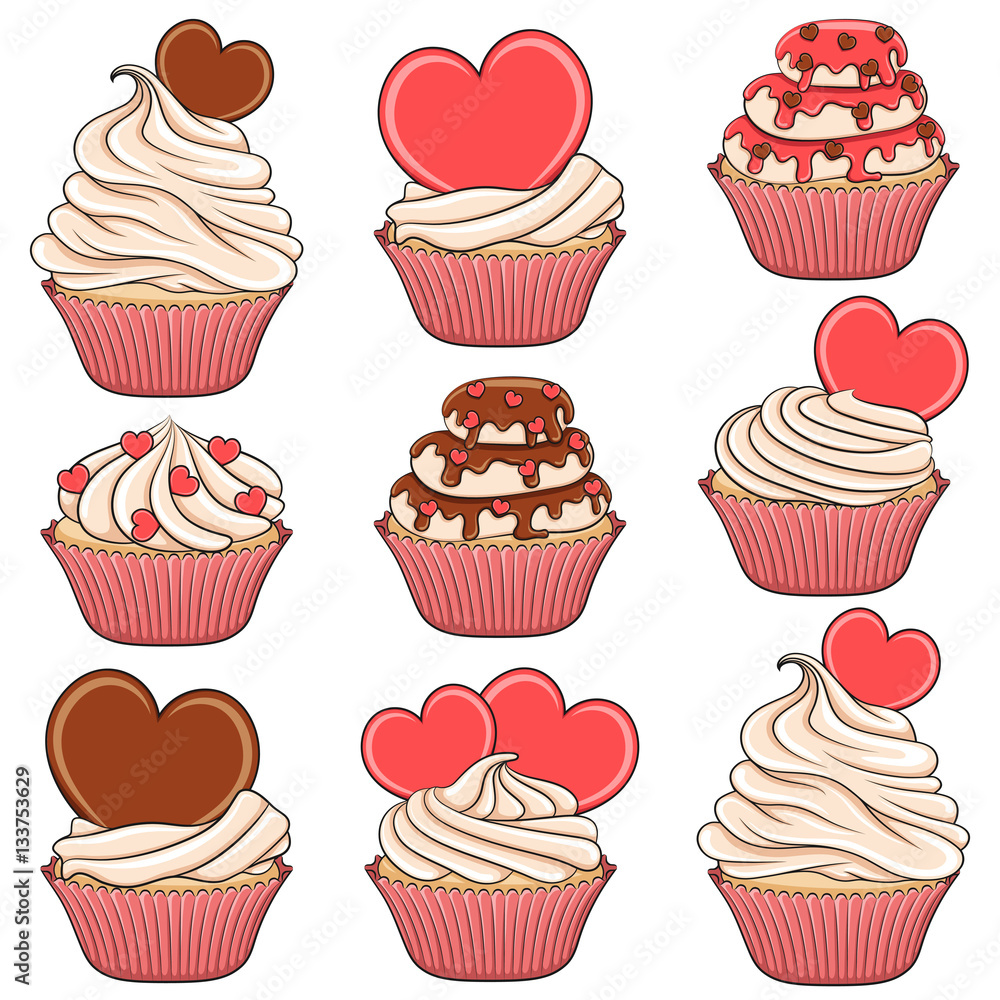 Poster set of color vector cupcakes with hearts. isolated objects on white.