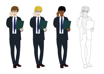 Set Handsome Business Man Glasses with Document. Full Body Vector Illustration isolated on White Background
