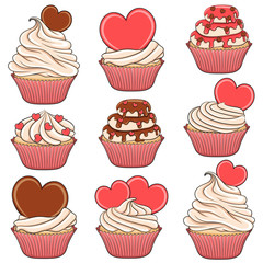 Set of color vector cupcakes with hearts. Isolated objects on white.