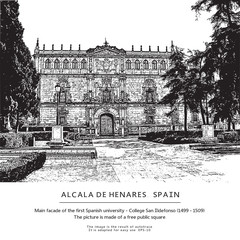Main facade of College San Ildefonso, Spain. Vector illustration.
Old University of Alcala de Henares, province Madrid. 
This image is the result of auto-trace. It is adapted for easy use.