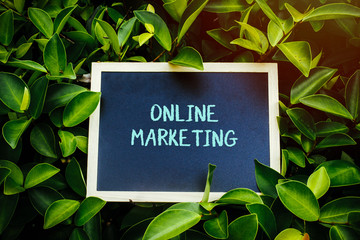 mini blackboard over the green nature written Online Marketing