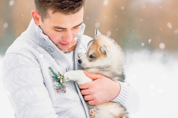 The guy holding the husky puppy on his hands. The man's eyes out of focus. © Valery