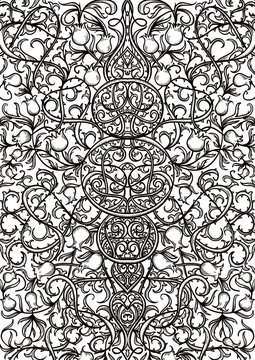 Vintage gothic pattern with floral elements. Black and white engraved  ornamental  background. Design concept for playing card, book cover, print, poster.  Hand drawn vector illustration.