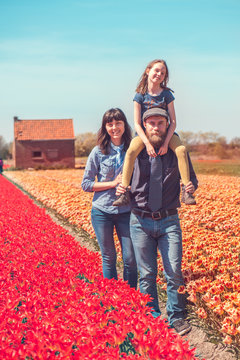 Family with a kid in a Dutch tulips field