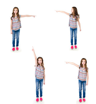 Collection of photos cute little girl is pointing to the side