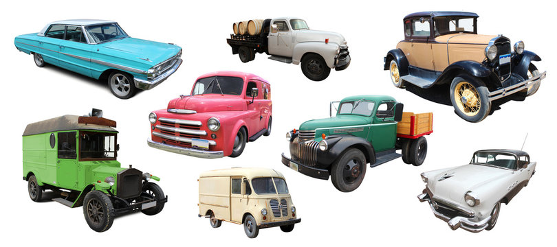 Old cars and delivery trucks (american and other)