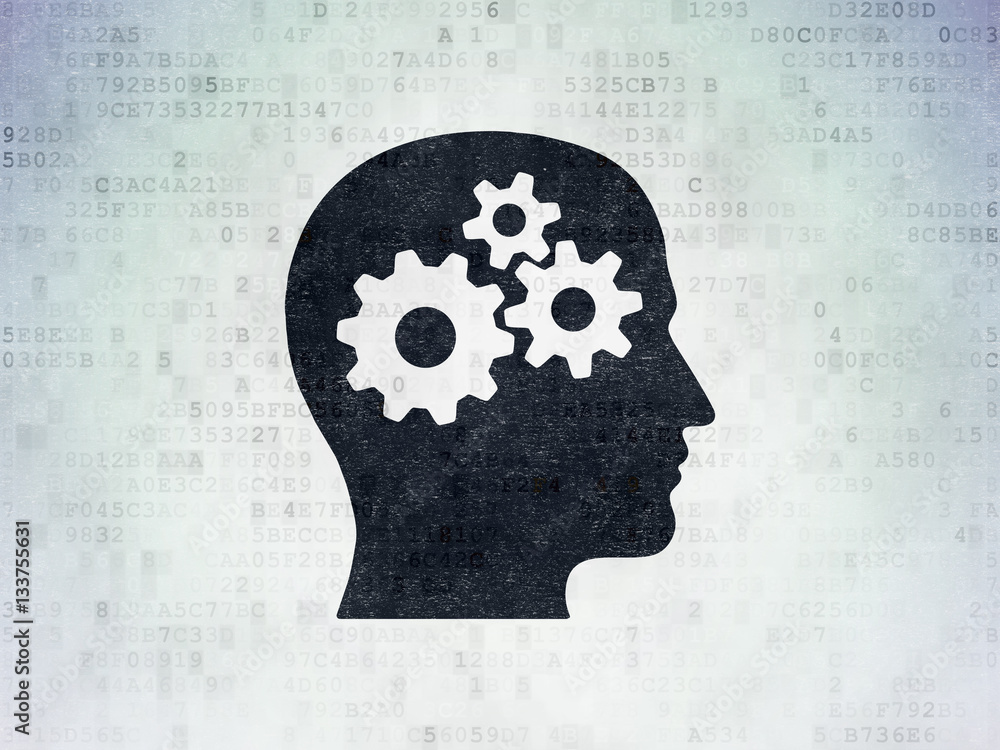 Aufkleber learning concept: head with gears on digital data paper background