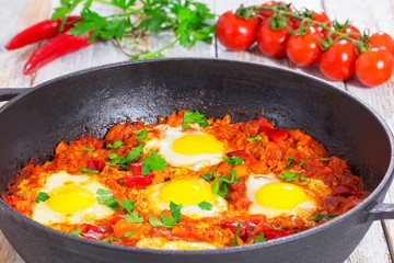 delicious middle east shakshuka, classic recipe, close-up