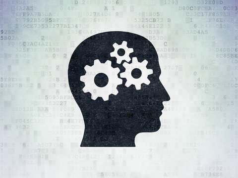 Learning concept: Head With Gears on Digital Data Paper background