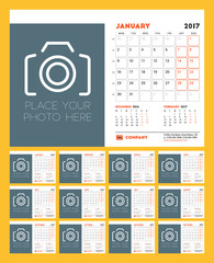 Calendar Template for 2017 Year. Week Starts Monday. Set of 12 Months. Stationery Design. Vector Illustration