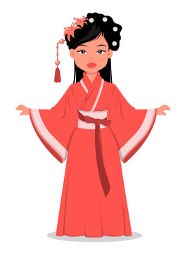 Chinese girl character in beautiful traditional clothes and with flowers in her hair. Vector cartoon illustration. EPS10
