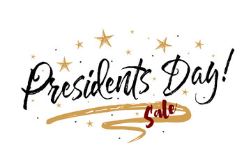 Presidents day sale. Beautiful greeting card calligraphy black text word gold fireworks. Hand drawn invitation T-shirt print design. Handwritten modern brush lettering white background isolated vector